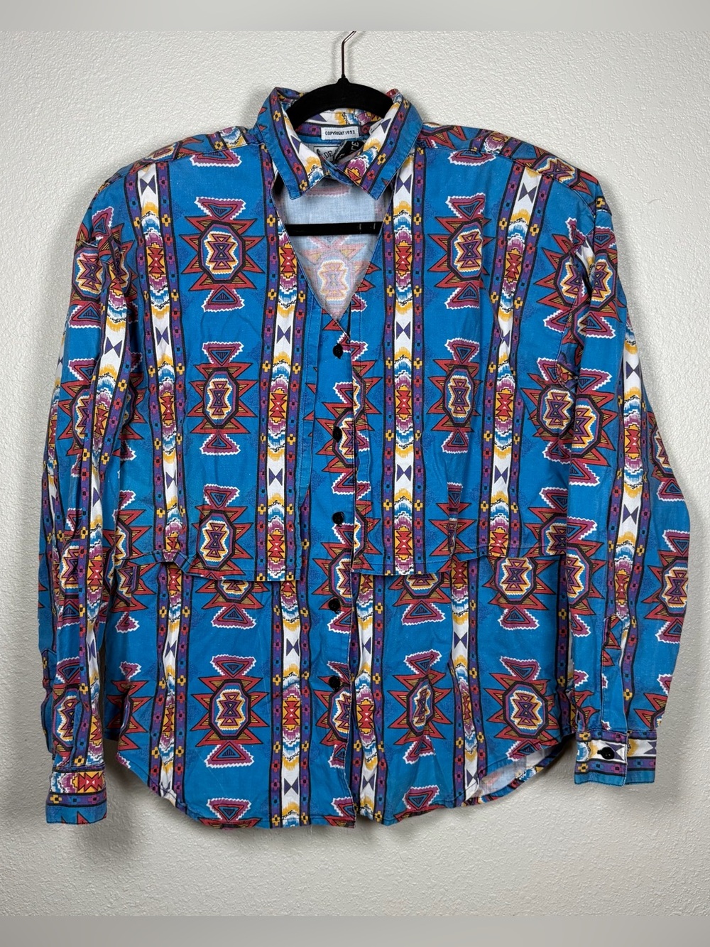 1993 Vintage Side Saddle Vibrant Western Aztec All Over Print Cut Out L/S Medium